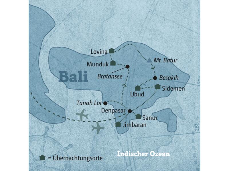 Ihre Reiseroute durch Bali führt Sie zu den wichtigsten Tempeln wie Pura Besakih und Tanah Lot, zu den malerischen Reisterrassen und den traumhaften Stränden.