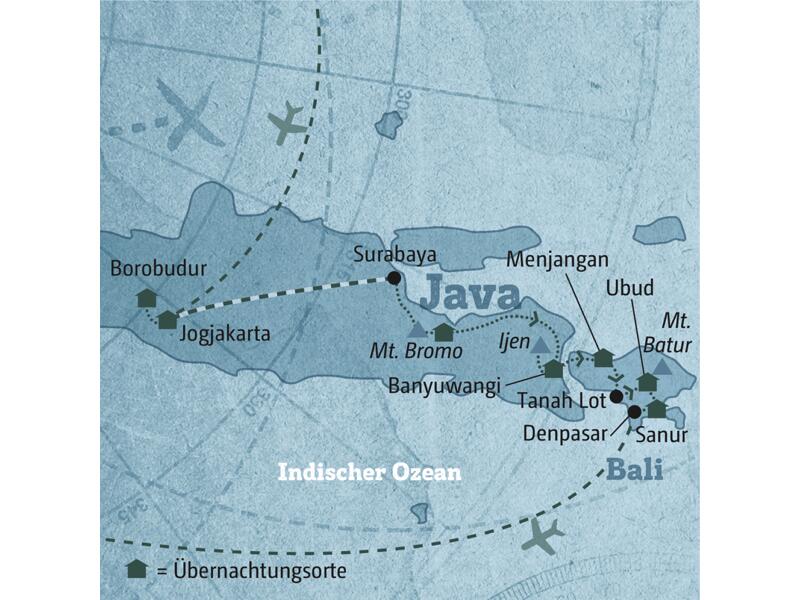 Ihre Reiseroute durch Java und Bali führt Sie zu rauchenden Vulkanen, traumhaften Stränden und malerischen Reisterrassen. Zu den Highlights zählen die Tempelanlage in Borobudur, Trekking am Mount Bromo, der Meerestempel Tanah Lot und eine Tanzstunde in balinesischem Tanz.