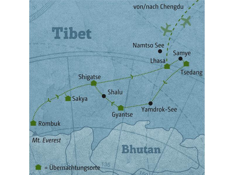 Ihre individuelle Rundreise durch Tibet führt Sie von Lhasa über Tsedang, Gyantse, Shigatse und Sakya bis nach Rombuk.