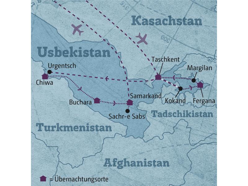 Ihre individuelle Rundreise durch Usbekistan beginnt in Taschkent und führt Sie ins Ferganatal, nach Chiwa, Buchara und Samarkand.