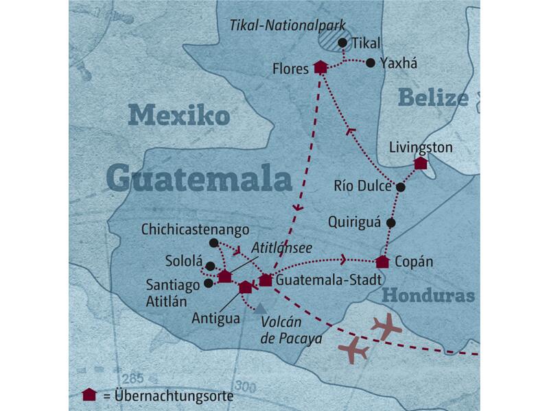 Diese individuelle Rundreise durch Guatemala führt Sie von Antigua über den Atitlánsee nach Copán in Honduras und weiter über Livingston nach Flores.