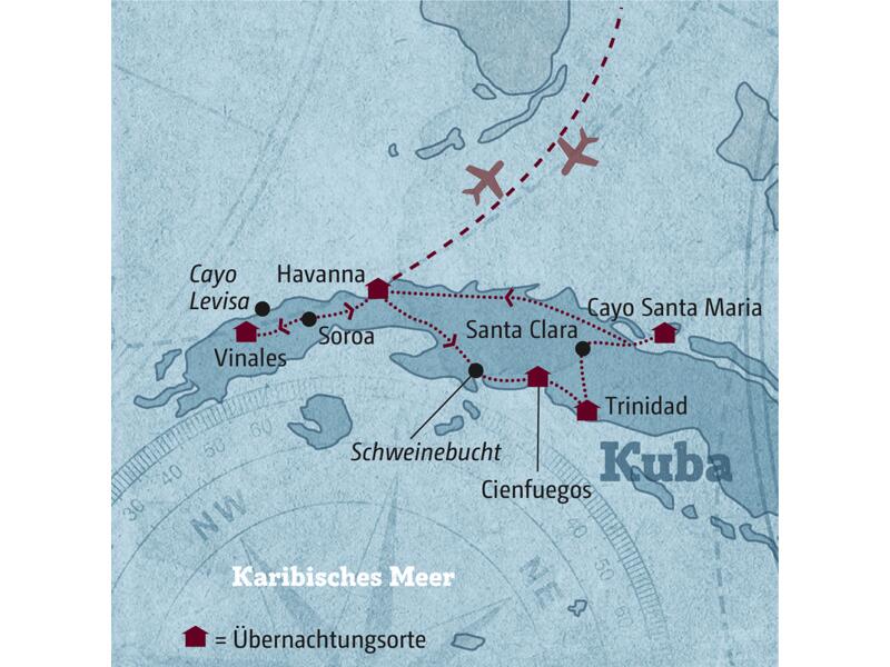 Die Karte zeigt Ihre individuelle Reiseroute durch den Westen Kubas mit Beginn in Havanna. Sie besichtigen unter anderem Vinales, Cienfuegos, Trinidad und beenden die Reise auf Cayo Santa Maria zum Baden.