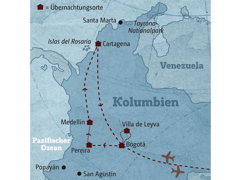 Die Karte zeigt den Verlauf Ihrer individuellen Kolumbien-Rundreise: Bogotá, Villa de Leyva, Medellín, Cartagena.