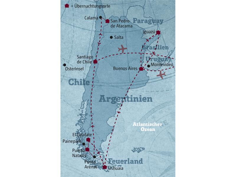 Diese individuelle Rundreise durch Argentinien und Chile  führt Sie in die Metropolen Santiago de Chile und Buenos Aires, in die weite Landschaft Patagoniens, zu vereisten Andengipfeln und Gletschern, in die trockenste Wüste der Welt - die Atacama - und zu den beeindruckenden Wasserfällen von Iguazú.