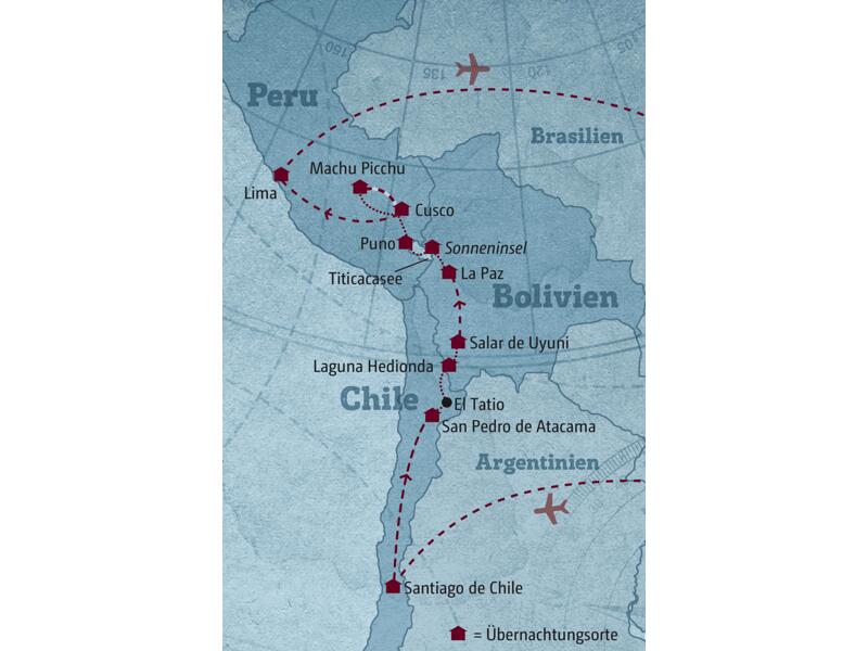 Ihre Reiseroute führt Sie nach Santiago de Chile und in die Atacama-Wüste, dann nach Bolivien zum Uyuni-Salzsee und nach La Paz und schließlich über den Titicacasee, Cusco und Machu Picchu nach Lima.