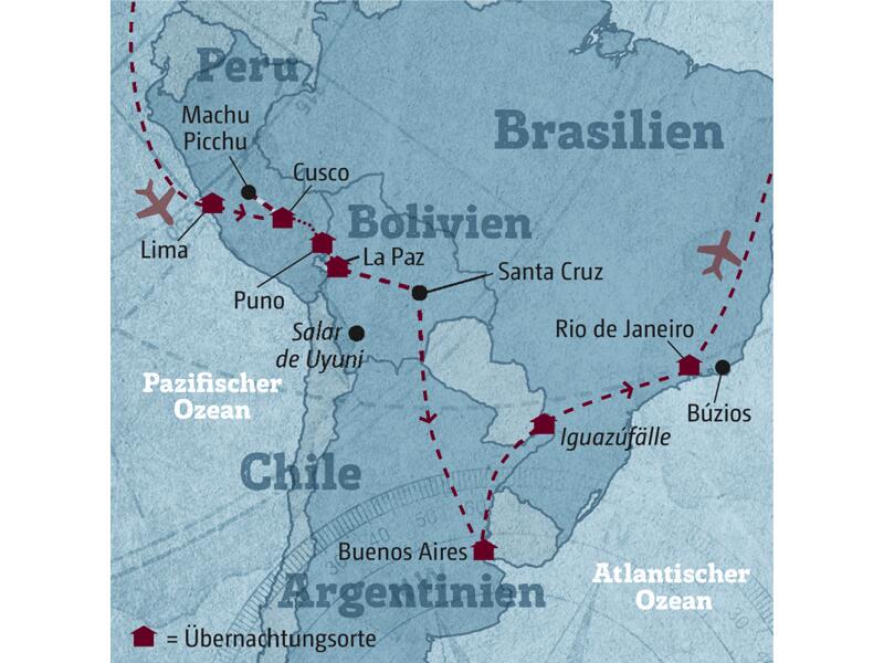 Ihre individuelle Reise durch Südamerika führt Sie von Peru über Bolivien und Argentinien nach Brasilien - Machu Picchu ist ebenso dabei wie der Titicacasee und die Wasserfälle von Iguazú.