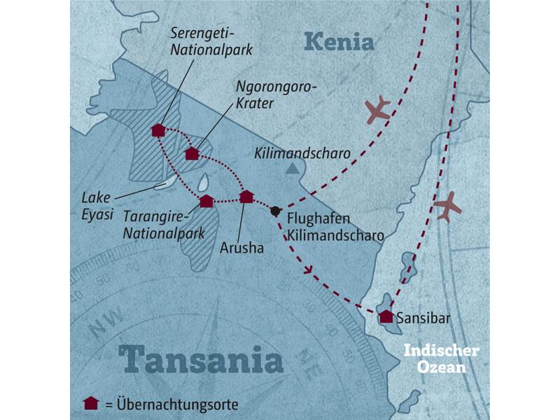 Ihre individuelle Reiseroute durch Tansania startet in Arusha und führt über den Tarangire-Nationalpark, in die Serengeti und den Ngorongoro-Krater bis nach Sansibar.