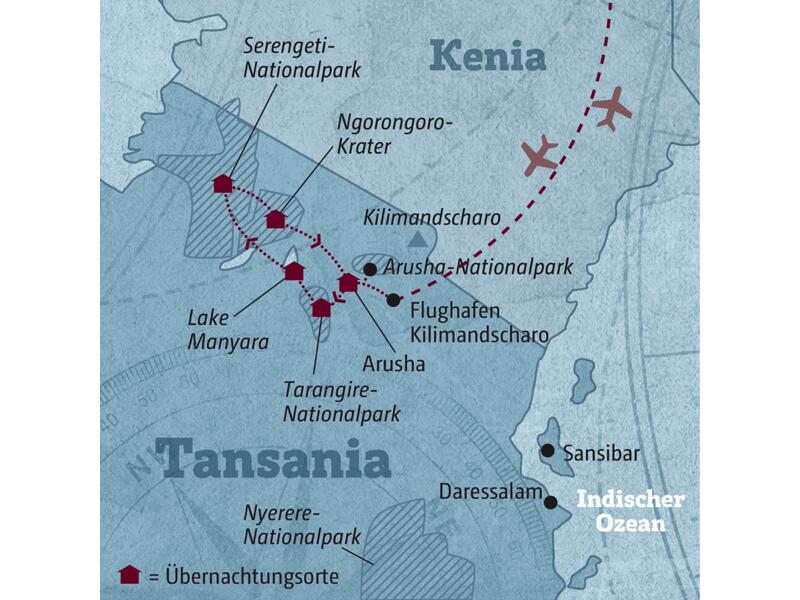 Ihre Reiseroute durch Tansania startet in Arusha und führt über den Tarangire-Nationalpark und den Lake Manyara in die Serengeti, in den Ngorongoro-Krater und wieder zurück nach Arusha.