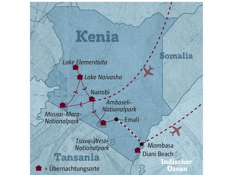 Ihre Reiseroute durch Kenia startet in Nairobi und führt über die Massai Mara, das Great Rift Valley und den Amboseli-Nationalpark zum Diani Beach.