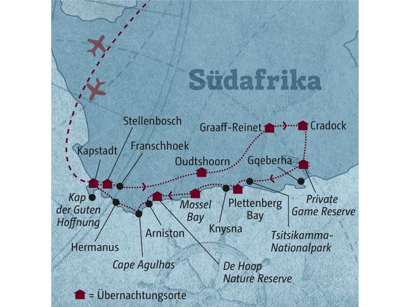 Die Reiseroute Ihrer individuellen Mietwagen-Rundreise führt Sie von der Weinregion über Oudtshoorn, die Karoo, ein Private Game Reserve, Plettenberg Bay und das De Hoop Nature Reserve nach Kapstadt.