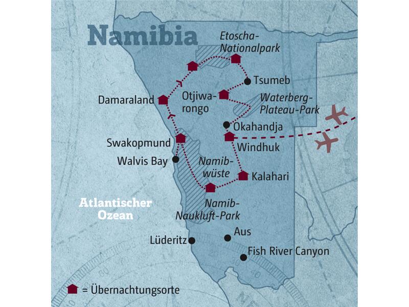 Diese Reisekarte zeigt den Verlauf der individuellen Marco-Polo-Mietwagenreise Namibia: Windhuk, Kalahari, Namibwüste, Swakopmund, Walvis Bay, Damaraland, Etoscha-Nationalpark, Otjiwarongo.