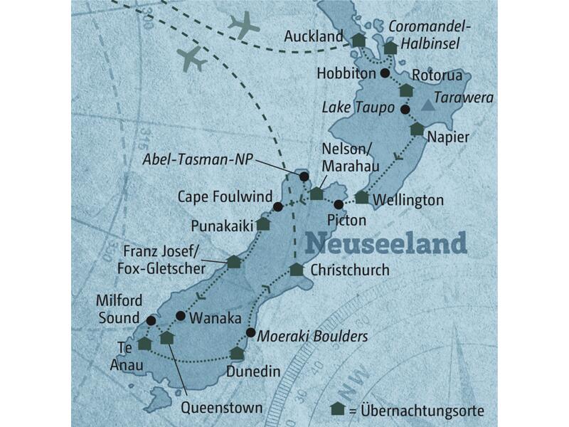 Diese Reisekarte zeigt den Verlauf der individuellen Marco Polo Reise durch Neuseeland: Auckland, Coromandel-Halbinsel, Hobbiton, Rotorua, Napier, Wellington, Abel-Tasman-NP, Punakaiki, Franz-Josef/Fox-Gletscher, Queenstown, Milford Sound, Dunedin, Christchurch.