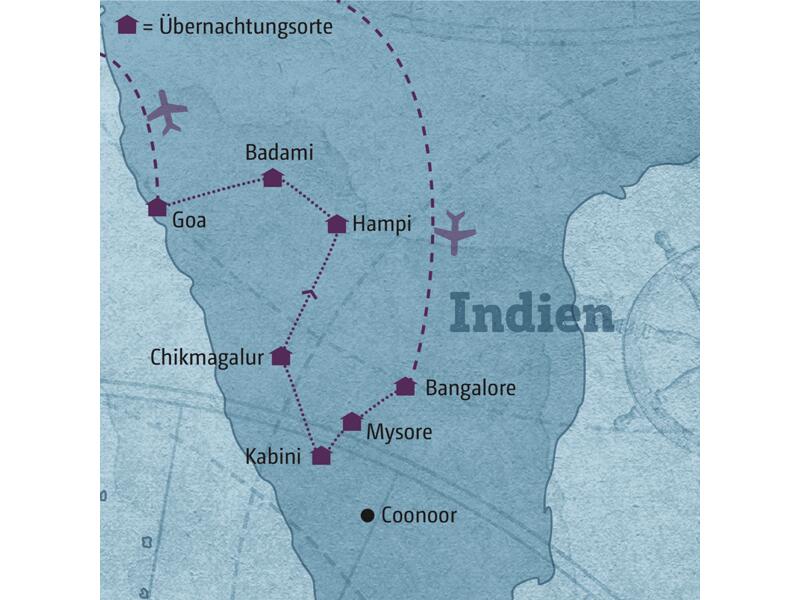Auf Ihrer individuellen Reise durch Zentralindien besuchen Sie u.a. die Königsstadt Mysore, die Nationalparks am Kabini River, Kaffeeanbaugebiete bei Chikmagalur, die ehemalige Königsstadt Hampi sowie die Höhlentempel von Badami. Den Abschluss bildet ein Aufenthalt an den Stränden Goas.