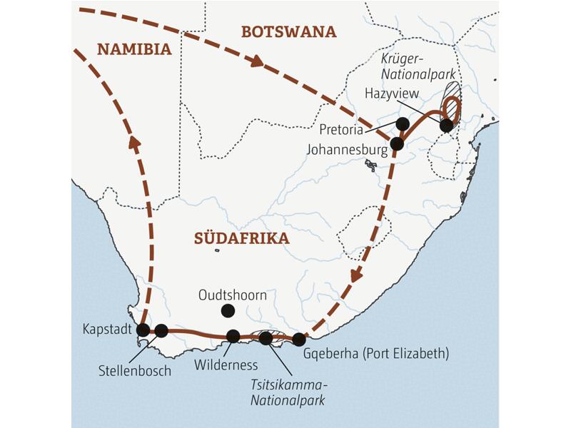 Erleben Sie eine zweiwöchige Entdeckerreise zu den Höhepunkten Südafrikas, wie Krüger-Nationalpark, Blyde River Canyon, Gardenroute und Kapstadt.