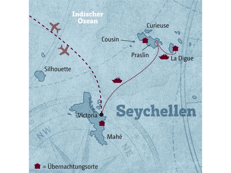 Hier sehen Sie die Route des individuellen Island-Hopping-Programms auf den Seychellen.