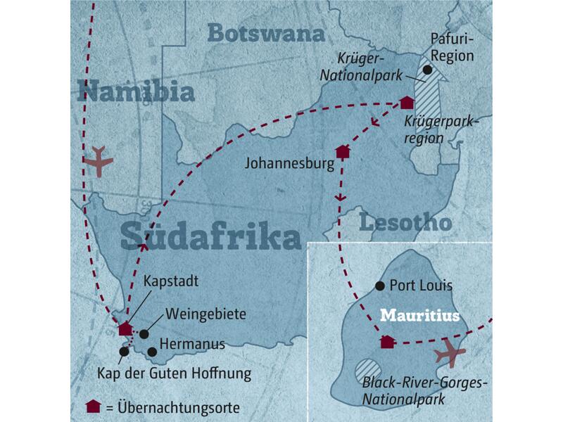 Auf Ihrer individuellen Reise Südafrika - Mauritius erleben Sie Kapstadt, Safarifahrten  und das Inselparadies Mauritius.
