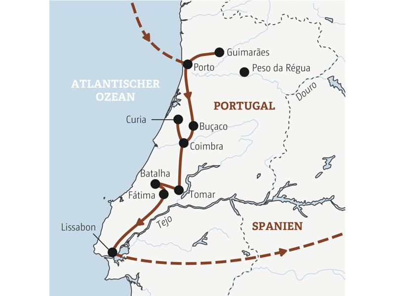 Reiseverlauf der Portugal Entdeckerreise - von Porto nach Lissabon.