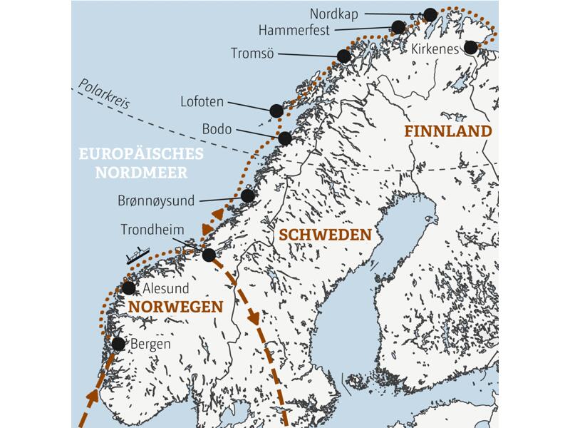 Karte der Hurtigruten Reise mit eingezeichnetem Verlauf der Marco Polo Reise
