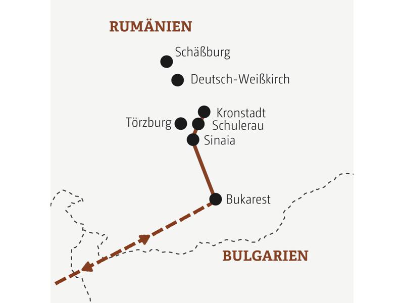 Karte von Rumänien mit eingezeichnetem Verlauf der Entdeckerreise.