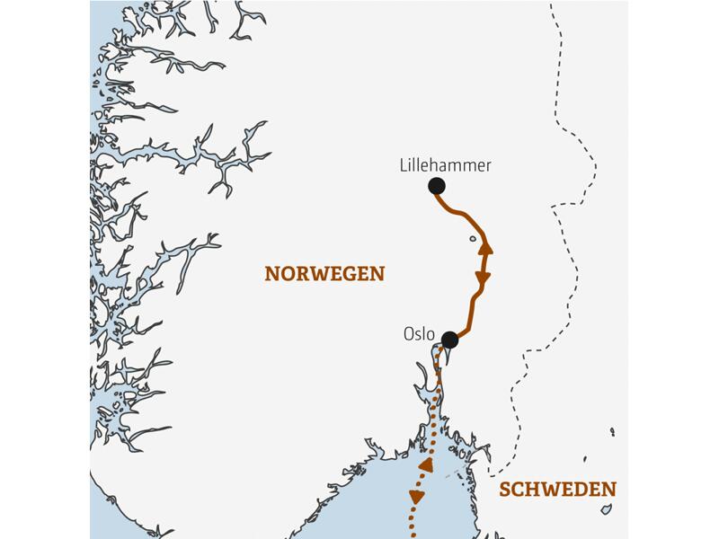 Verlauf der Reise nach Lillehammer in Norwegen