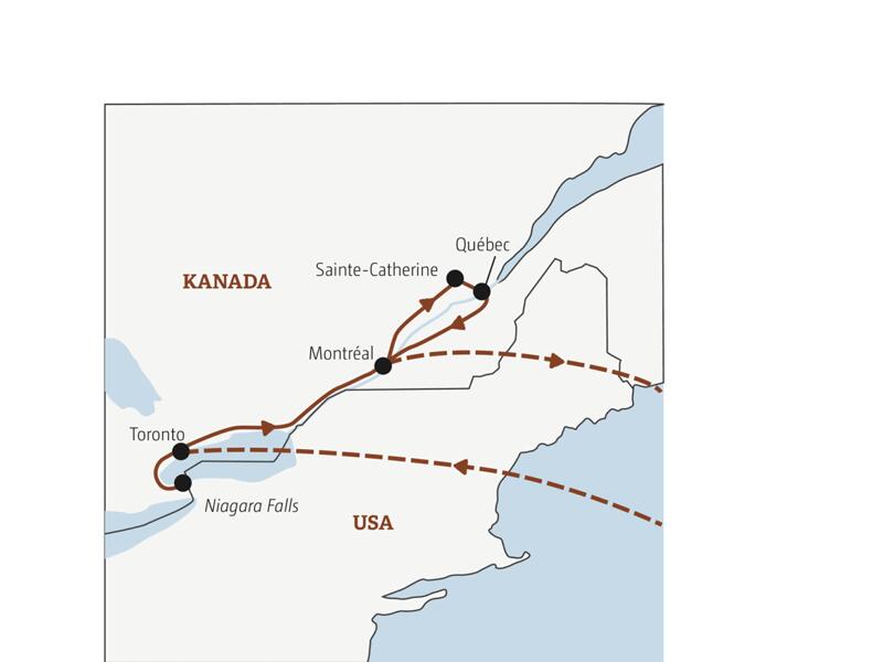 Die Rundreise mit YOUNG LINE nach Ostkanada führt von Toronto mit Abstecher bei den Niagara Falls, über Montréal und Sainte-Catherine nach Québec.