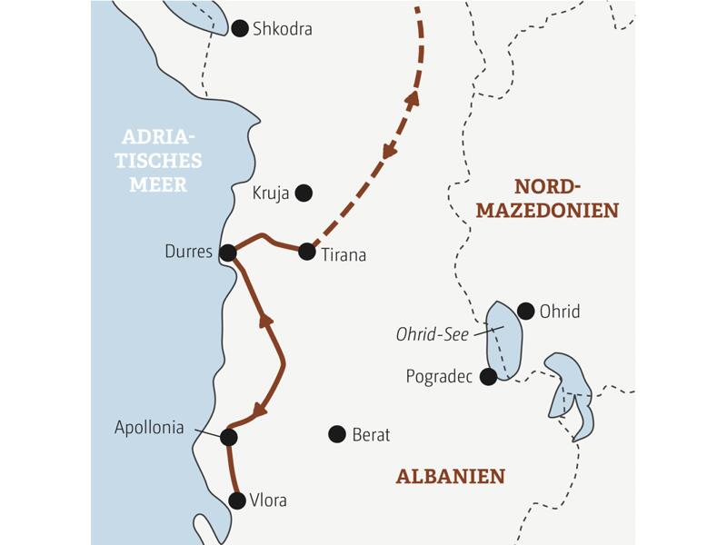 Reiseverlauf der Albanien Gruppenreise mit optionalen Ausflügen nach Berat, Skhodra und an den Ohrid-See.
