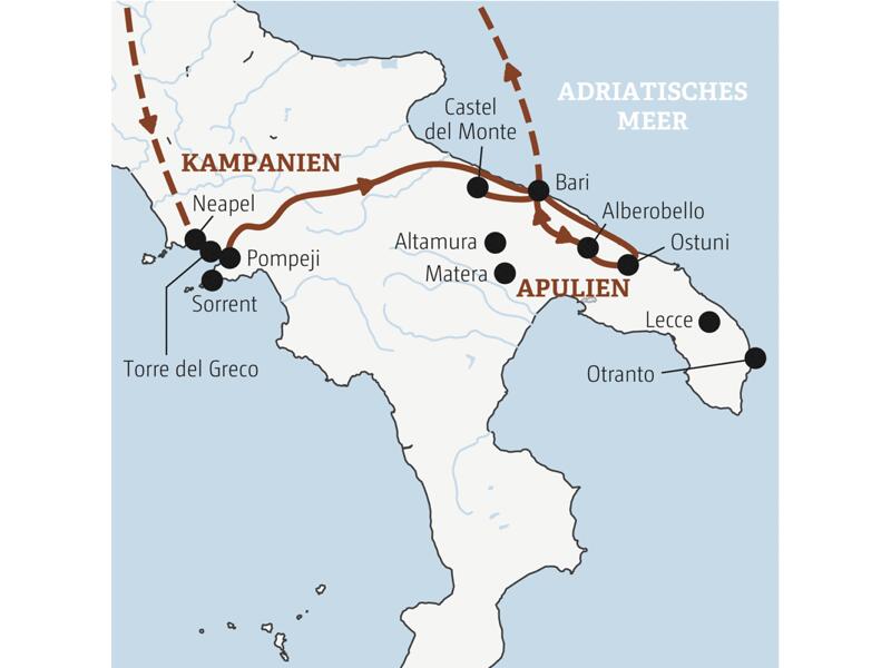 Reisekarte der Marco Polo Entdeckerreise Apulien.