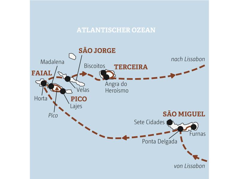 Reiseverlauf der Azoren - Portugal Reise.
