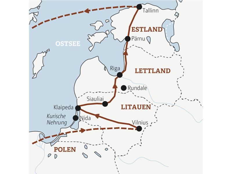 Reiseverlauf der Litauen, Lettland, Estland Marco Polo Top-Preis-Reise.