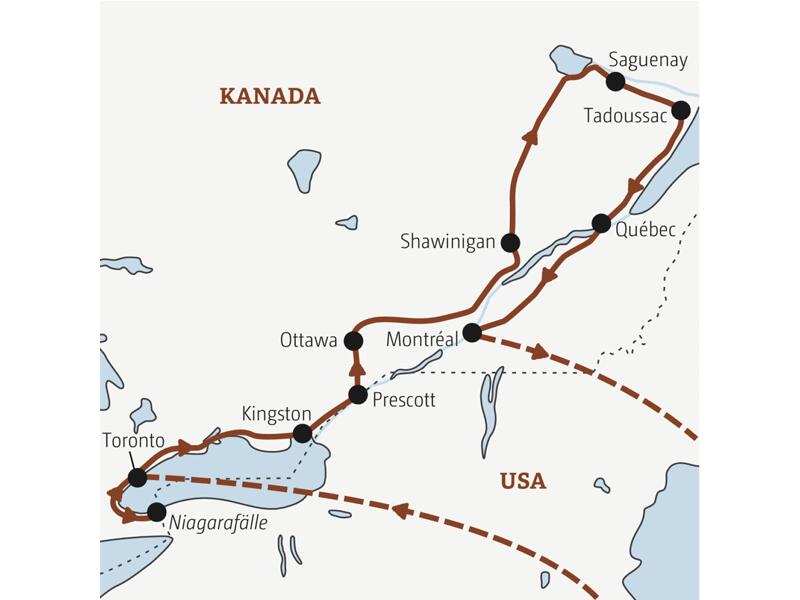 Reiseverlauf der Marco Polo Entdeckerreise durch Ostkanada.