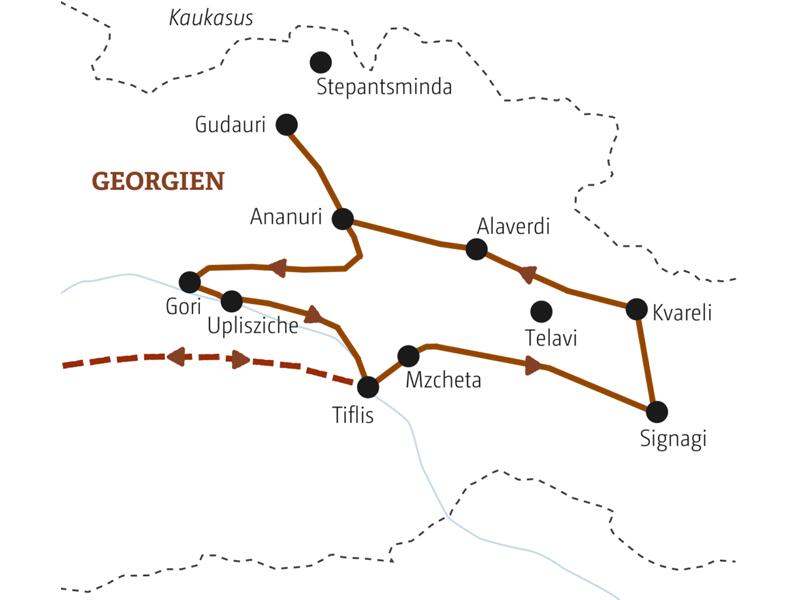 Die Route unserer Marco Polo Rundreise durch Georgien startet in Tiflis, führt in die Bergwelt des Großen Kaukaus, dann in die Weinbauregion rund um Signangi und nach  Gori.