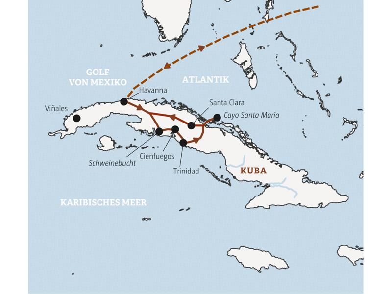 Ihre Rundreise durch Kuba mit Marco Polo-Reiseleitung führt Sie von Havanna nach Cienfuegos, Trinidad und zum Baden nach Cayo Santa María. Auf Wunsch können Sie einen Ausflug in die Tabakregion Viñales oder eine Katamaran-Fahrt nach Cayo Iguana dazubuchen.