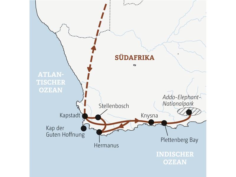 Karte der Marco Polo Entdeckerreise nach Südafrika