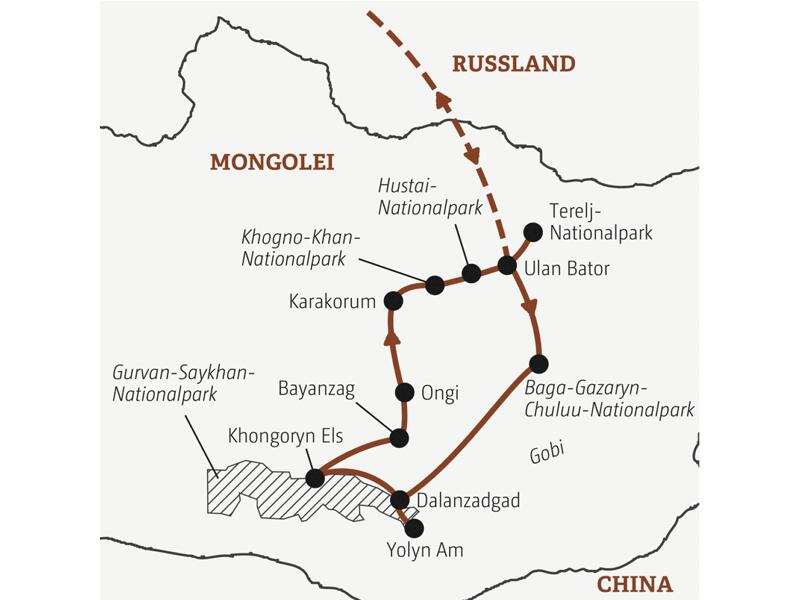 Karte von der Mongolei mit eingezeichnetem Verlauf der Marco Polo Entdeckerreise.