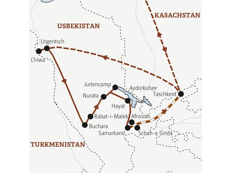 Karte mit eingezeichnetem Reiseverlauf der Marco Polo Reise nach Usbekistan