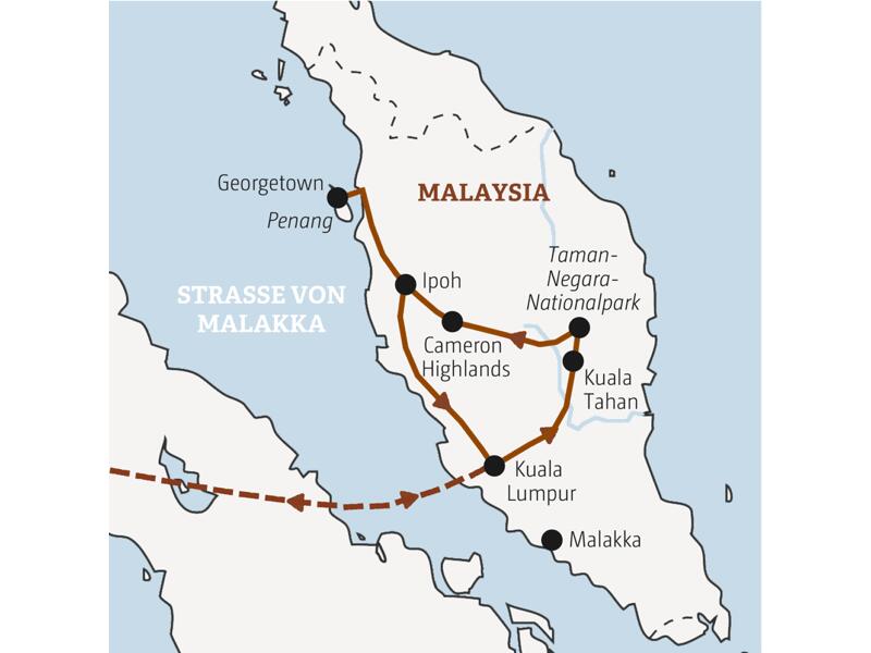 Routenverlauf der Entdeckerreise durch Malaysia: von Kuala Lumpur über den Taman-Negara-Nationalpark und die Cameron Highlands nach Penang.