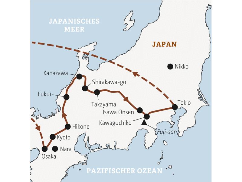 Karte der geführten Rundreise durch Japan von Kyoto über Kanazawa, Takayama und den Fuji-san bis zur Metropole Tokio.