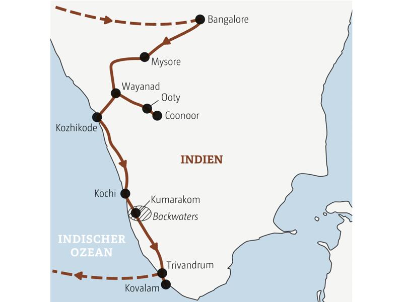 Reiseverlauf der Marco Polo Entdeckerreise nach Südindien