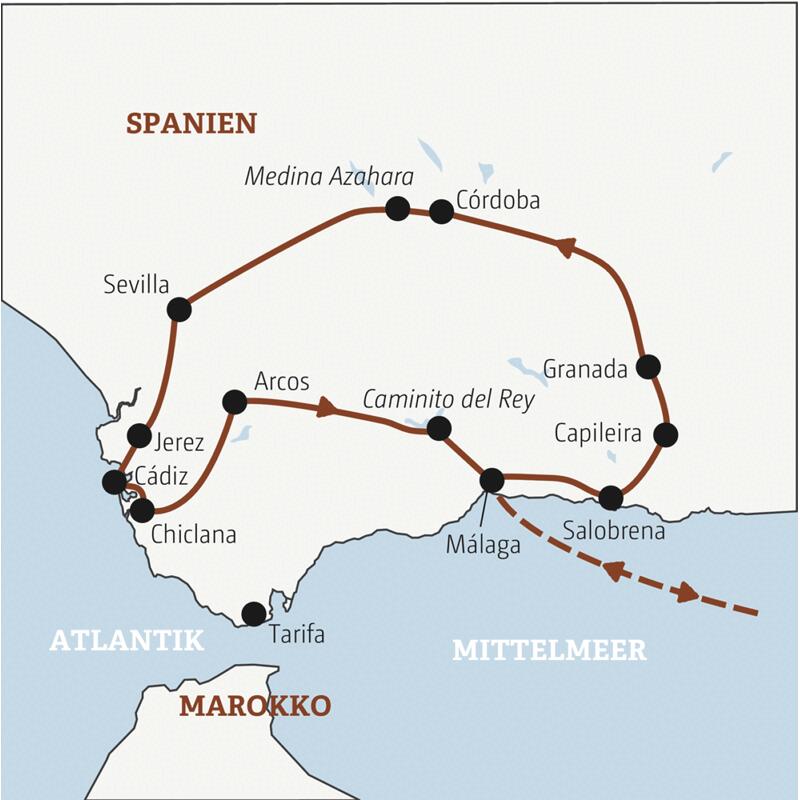 Die Rundreise mit YOUNG LINE durch Andalusien führt dich von Málaga nach Granada, Córdoba, Sevilla, Conil und auf den Caminito del Rey.
