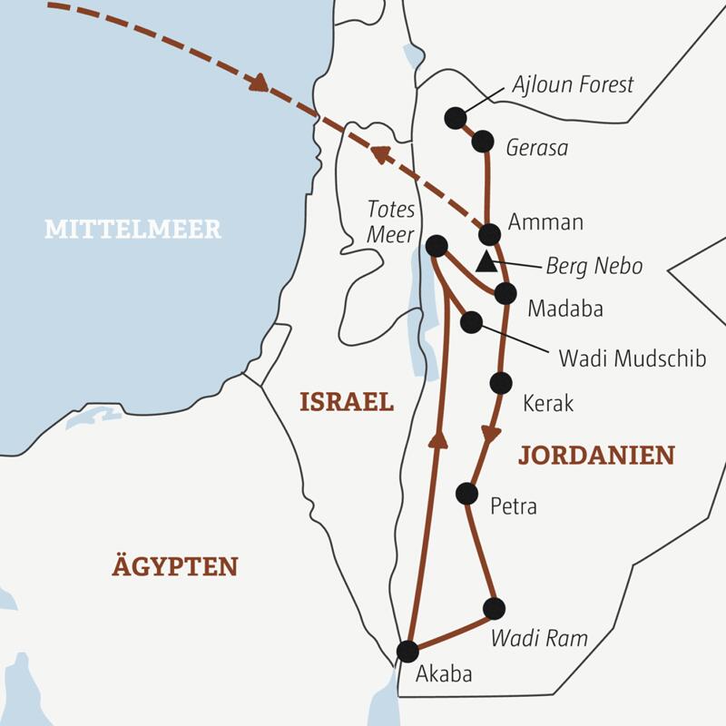 Die Rundreise mit YOUNG LINE durch Jordanien führt dich von Amman in den Ajloun Forest, zum Toten Meer, ins Wadi Mudschib, nach Kerak, Petra, ins Wadi Ram und nach Akaba.