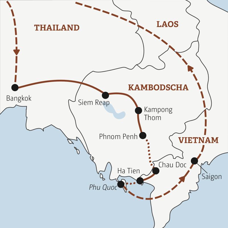 Die Rundreise mit YOUNG LINE durch drei Länder Asiens führt von Thailand über Kambodscha nach Vietnam.