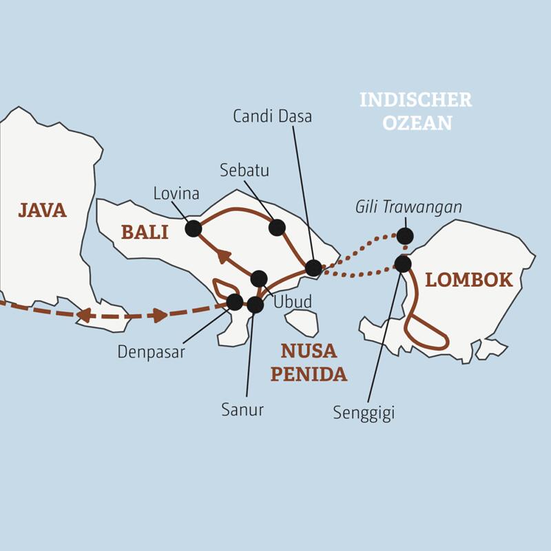 Die Rundreise mit YOUNG LINE durch Indonesien führt dich über Bali mit Sanur, Lovina, Candi Dasa und Ubud nach Lombok und auf Gili Trawangan.