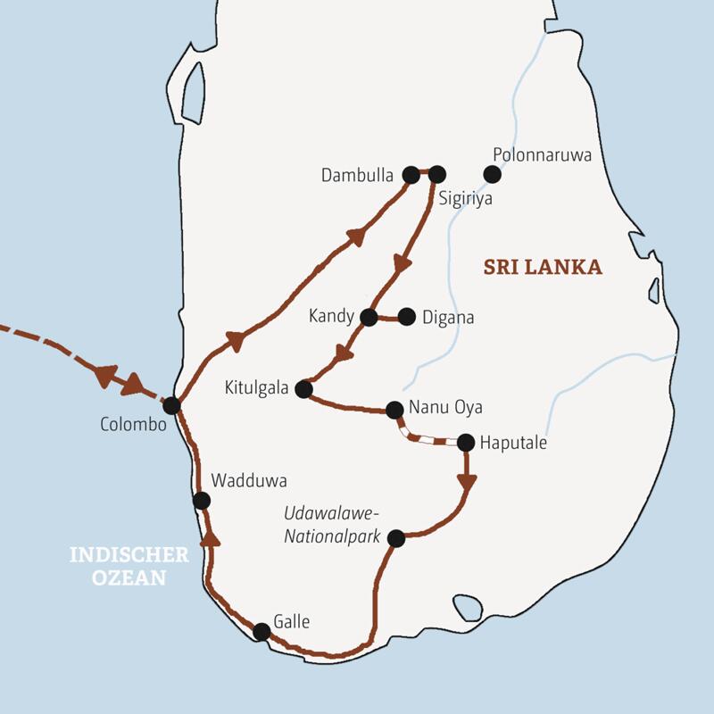 Die Karte zeigt den Verlauf der Marco-Polo-Mini-Gruppen-Reise Sri Lanka: Colombo, Dambulla, Sigiriya, Kandy, Digana, Kitulgala, Nanu Oya, Haputale, Udawalawe, Galle, Wadduwa.
