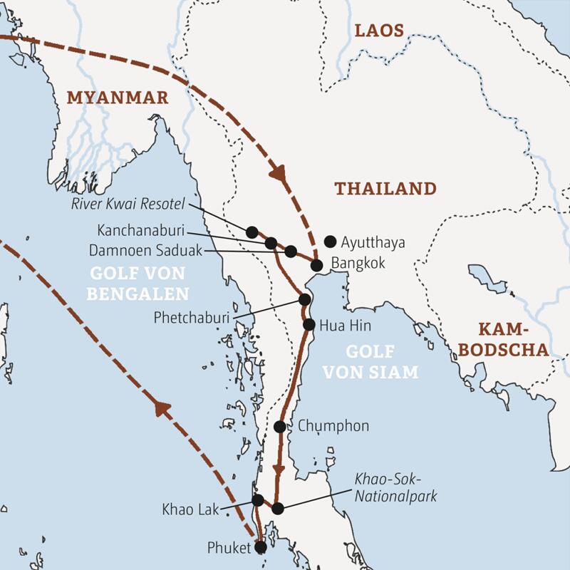 Die Marco Polo Entdecker-Rundreise durch Südthailand startet in Bangkok und führt über den Fluss Kwai und Hua Hin zum Khao-Sok-Nationalpark und zum Badeort Khao Lak.