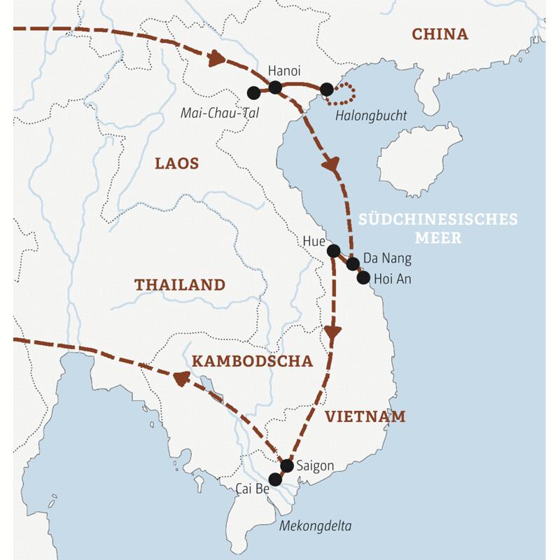 Die Rundreise in der Mini-Gruppe durch Vietnam führt Sie von Hanoi in die Halongbucht und weiter über Hoi An und Hue nach Saigon.