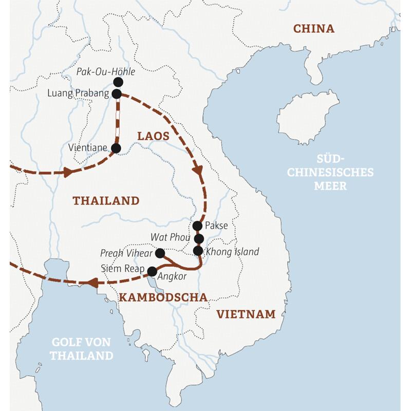 Die Rundreise in der Mini-Gruppe fürht Sie von Luang Prabang über Khong Island nach Siem Reap.