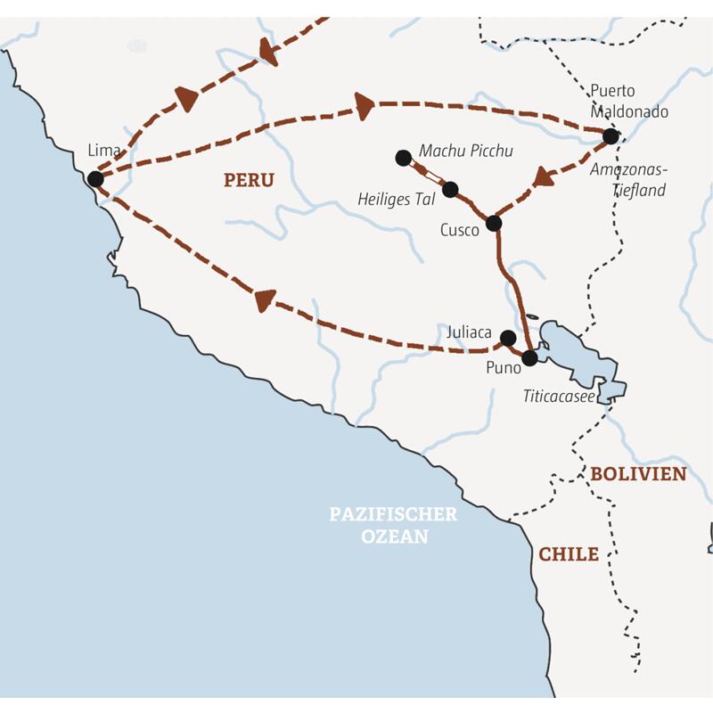 Die Reiseroute der Marco Polo Mini-Gruppen-Reise durch Peru: von Lima ins Amazonas-Tiefland, dann nach Cusco und Machu Picchu und weiter zum Titicacasee.