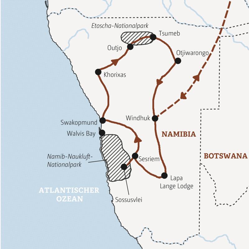 Ihre Rundreise mit Marco Polo durch Namibia führt Sie von Windhuk über das Sossusvlei, Swakopmund und Twyfelfontein zum Etoschapark und von dort zurück in die Hauptstadt.