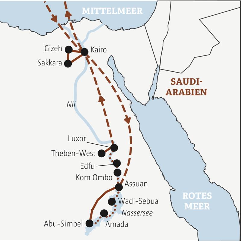 Reisekarte der Marco Polo Mini-Gruppen-Reise Ägypten mit den wichtigsten Stationen der Reise.