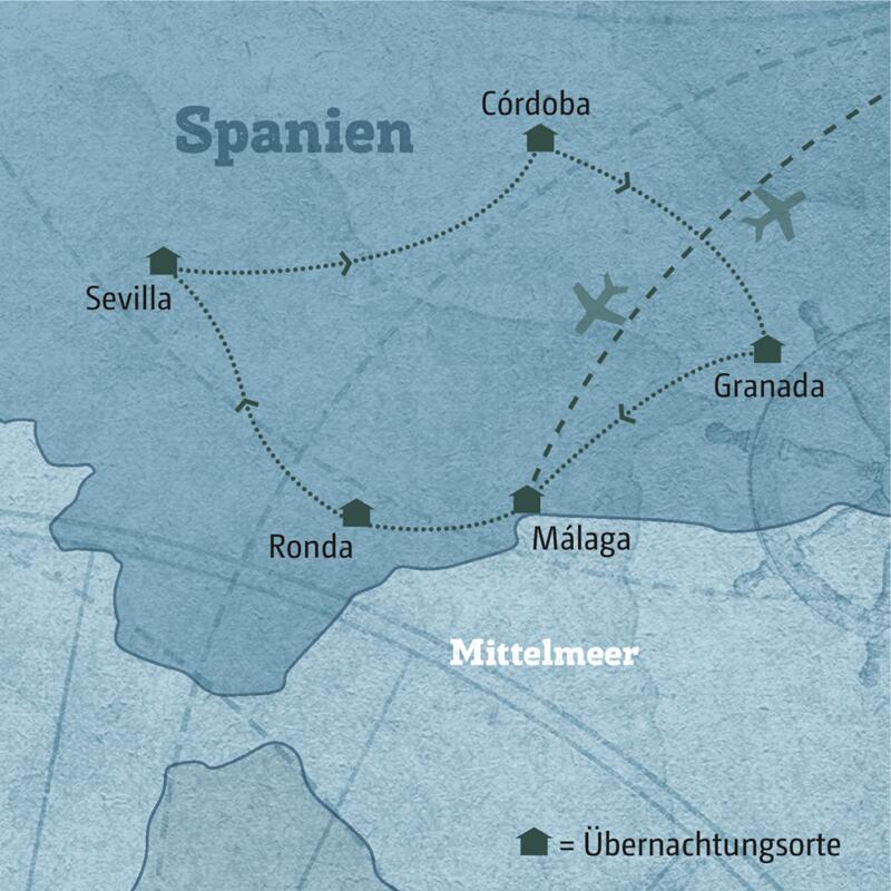 Diese Karte zeigt den Verlauf Ihrer individuellen Rundreise im Mietwagen durch Andalusien: sie führt von Málaga über Ronda, Sevilla, Cordoba,  Granada und zurück nach Malaga.